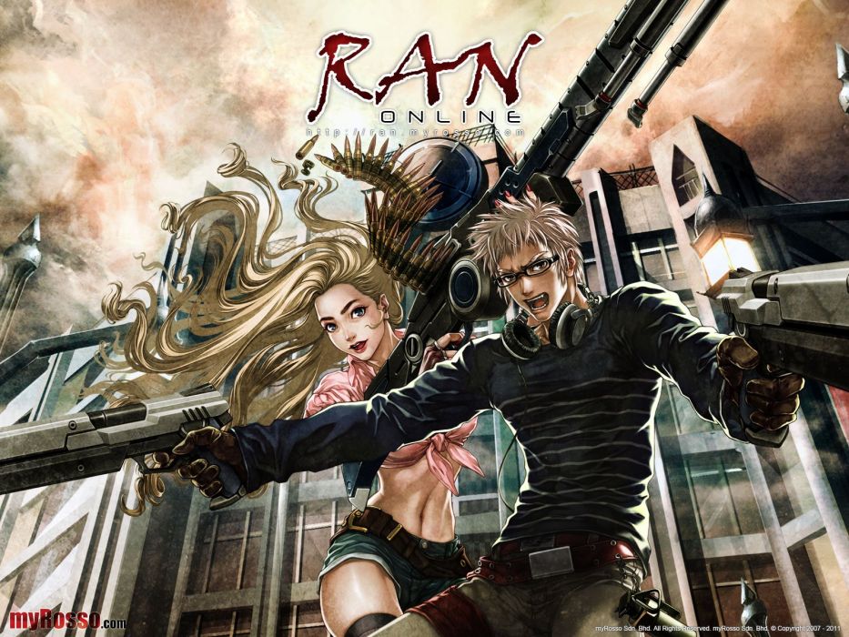 RAN Online key art: two Gunners with pistols and a rifle in front of a school building