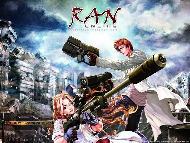 RAN Online key art: two Gunners in lab coats aiming over a ruined city