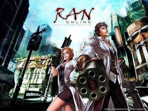 RAN Online key art: two Gunners in lab coats with a gatling gun in a city street